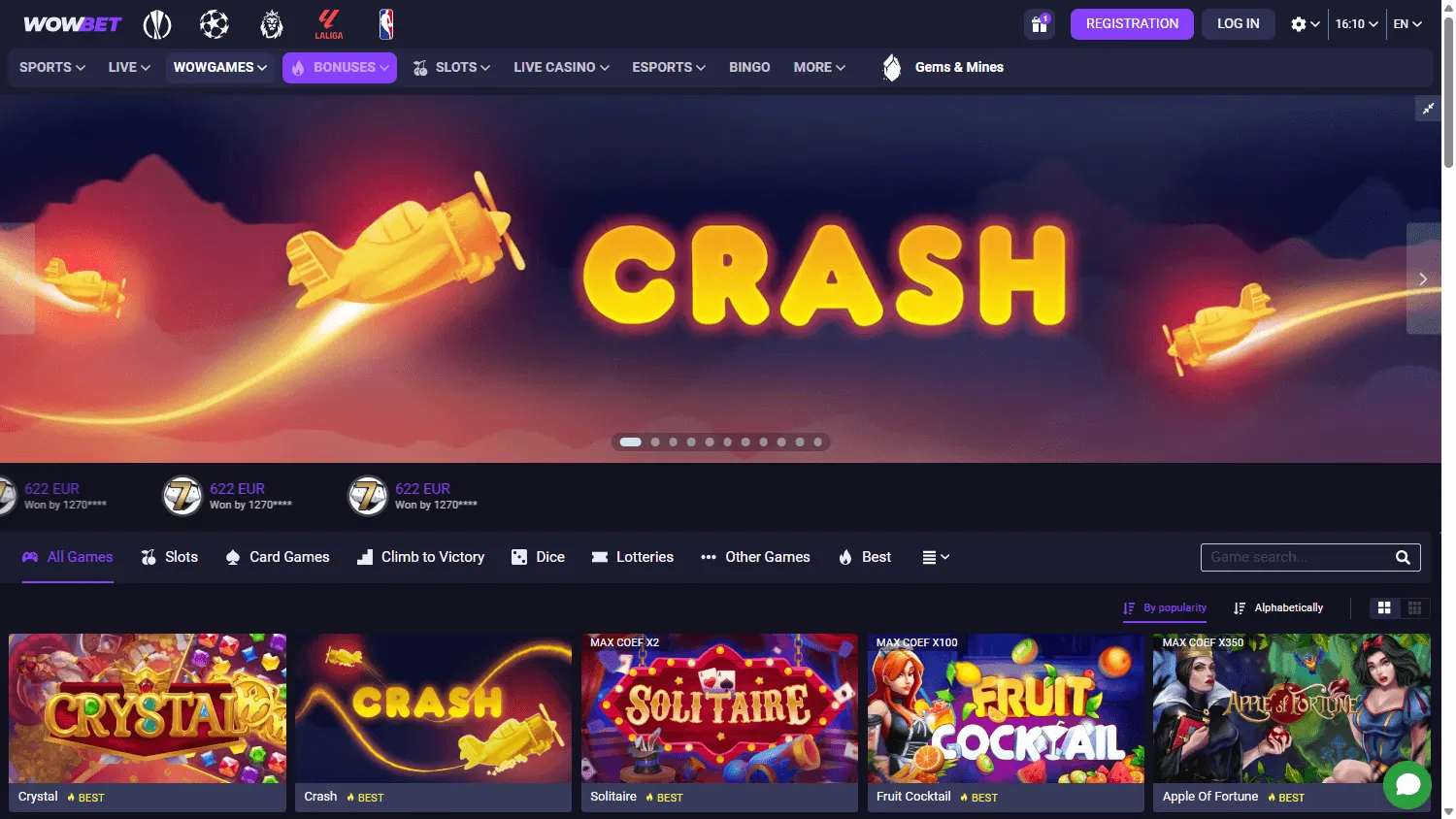 WOWBet platformasidagi crash o’yinlari ekrani